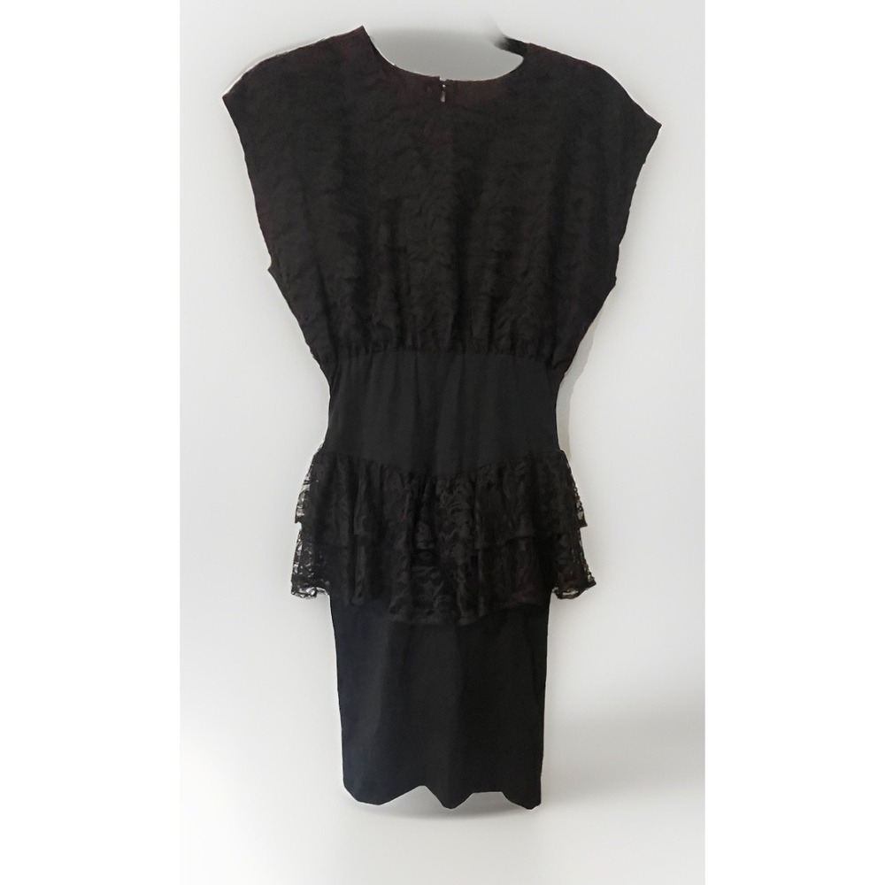 Vtg Jackie O! Black Lace Overlay Stretchy Waist Dress Size 9 Small Knee Length